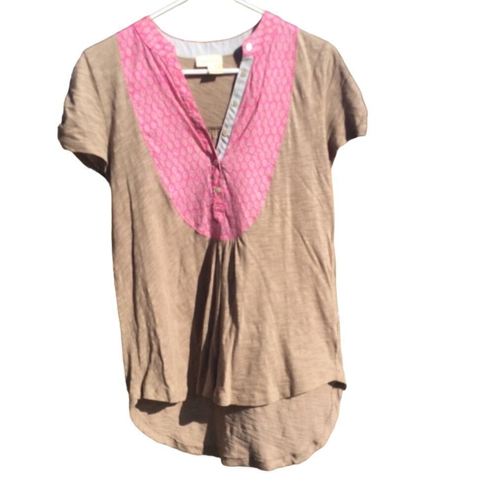 Anthropologie Womens‎ Hi Low Shirt Size XS Cotton Taupe Floral Cottage Boho